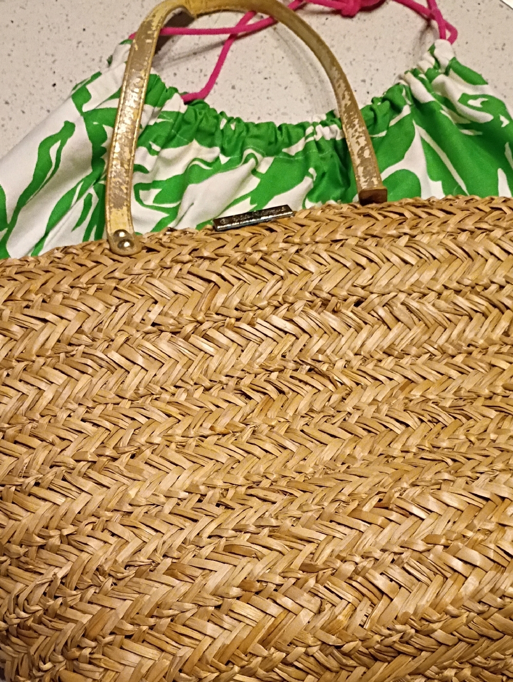 Lilly Pulitzer Natural Straw Tote with Gold Handles and Green-Pink Accent